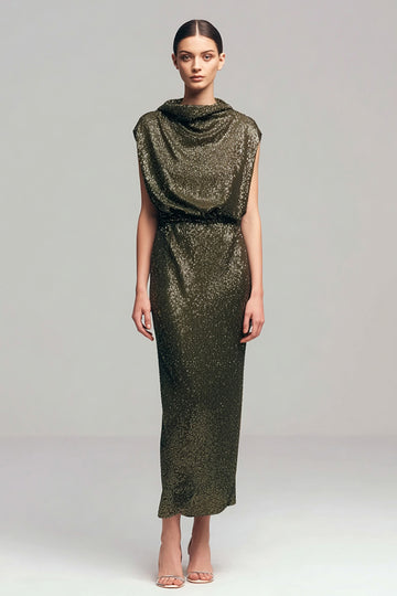 Sparkly Cowl Neck Olive Semi-Formal Dress
